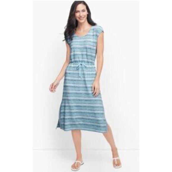 T by Talbots Women’s Rayon Blue Striped A-Line Midi Dress size Medium - Picture 1 of 9